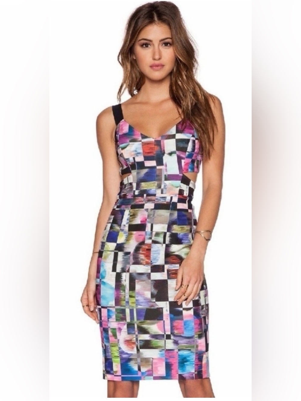 Milly Multicolor Geometric Midi Dress with Cutout Sides